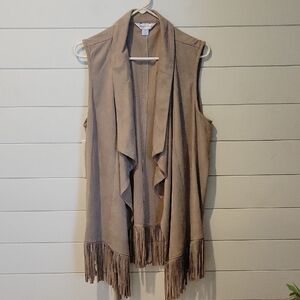 Christopher & Banks Taupe Fringe Open Front Vest